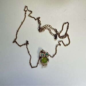 Gold Owl Pendant Green/Blue Gemstone Necklace Adjustable Length 21” Beaded Chain